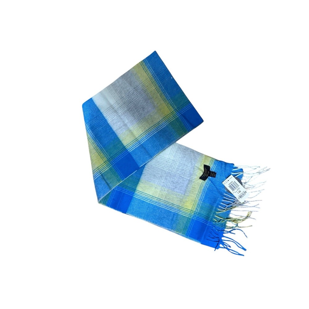 Charter Club Plaid 100% Luxury Cashmere Scarf with Fringe bright peacock‎ blue
